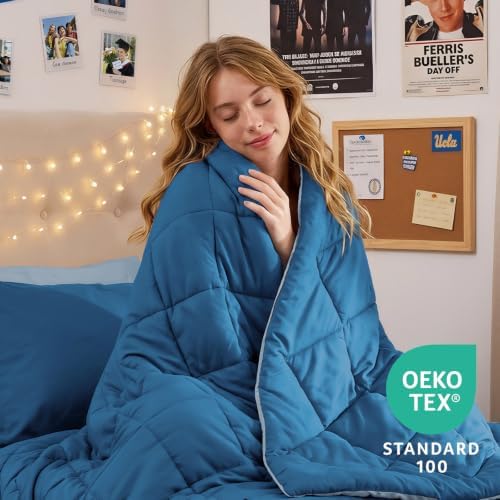 MUXHOMO 5 Pieces Twin XL Comforter Set, Reversible Bed in a Bag Twin XL Size, All Season Bedding Set with Comforter, Flat Sheet, Fitted Sheet, Pillowcases & Shams, Teal & Lake Blue