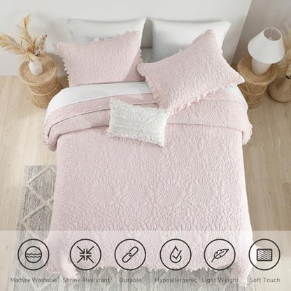HORIMOTE HOME Pink Ruffled Quilt Twin Size, Stone-Washed Microfiber Lightweight Crinkled Farmhouse Rustic Shabby Chic Bedding Set, 2 Pieces Reversible Bedspread with Pillow Sham for All Season