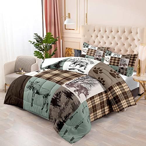 LUVIVIHOME 2PCS Rustic Farmhouse Comforter Set, Brown Plaid Patchwork Sage Green Twin Comforter, Bear Deer Elk Moose Woodland Forest Animal Wildlife Country Cabin Bedding Lodge Quilt, 1 Pillow Sham