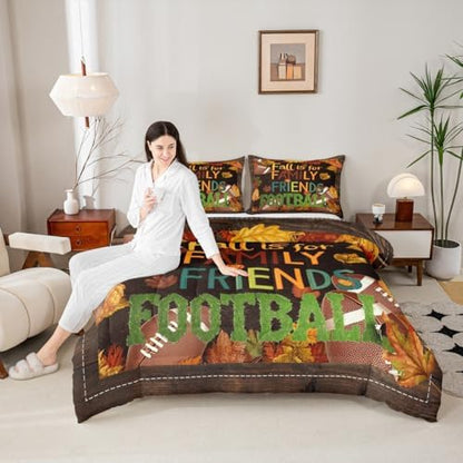 American Football Comforter Set Fall Maple Leaves Quilt Set 2pcs Brown Rustic Farmhouse Wooden Board Bedding Set for Kids Teens Adults Room Decor Soccer Sports Game Duvet Insert Twin Size