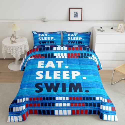 Homewish Swimmer Bedding Sets Twin Size,Swimming Lover Comforter Set 2Pcs for Kids Teens Boys Men Room Decor,Swimming Sports Quilted Duvet Swimming Lane Stripes Dark Blue Down Comforter,1 Pillowcase