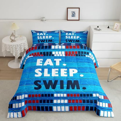 Homewish Swimmer Bedding Sets Twin Size,Swimming Lover Comforter Set 2Pcs for Kids Teens Boys Men Room Decor,Swimming Sports Quilted Duvet Swimming Lane Stripes Dark Blue Down Comforter,1 Pillowcase