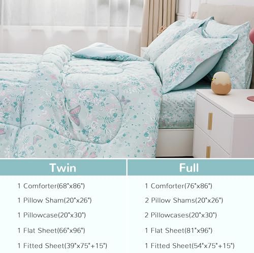 Viviland Kids Twin Bedding Sets, Girls Comforter, Green Butterfly