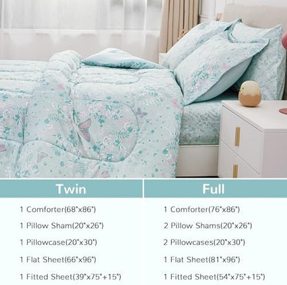 Viviland Kids Full Bedding Sets, Girls Comforter, Green Butterfly