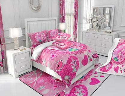 Mermaid Princess Kids Comforter Set Queen Size,High-Heeled Shoes Lip Bowknot Romantic Bedding Set,Girls Women Room Decor,Glitter Sequin Castle Down Comforter,Pink Dreamy Duvet Insert,2 Pillowcases