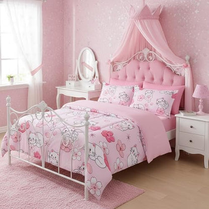 QOOMO Pink Cat 7 Pieces Comforter Set Queen,Sakura Cat Bedding Set for Kids