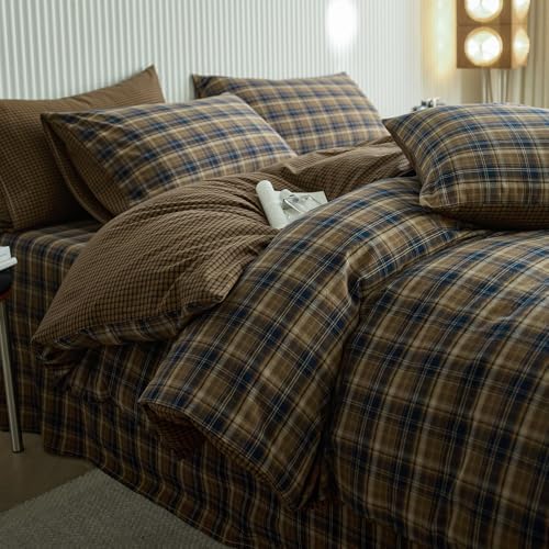 LifeTB Vintage Brown&Blue Plaid Duvet Cover Grid Bedding Set King, 100% Washed Cotton Retro Plaid Checkered Comforter Cover, 3 Piece Grid Pattern Duvet Cover Linen Feel Farmhouse Gingham Bedding Set