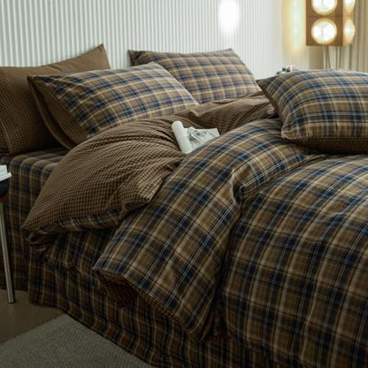 LifeTB Vintage Brown&Blue Plaid Duvet Cover Grid Bedding Set King, 100% Washed Cotton Retro Plaid Checkered Comforter Cover, 3 Piece Grid Pattern Duvet Cover Linen Feel Farmhouse Gingham Bedding Set