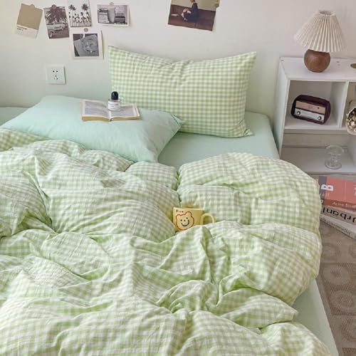 LifeTB Green Gingham Comforter Set Full Modern Style Green Grid Bed Comforter 3 Pieces Vintage Plaid Checkered Comforter with 2 Pillowcases Breathable Farmhouse Gingham Bedding Comforter Set