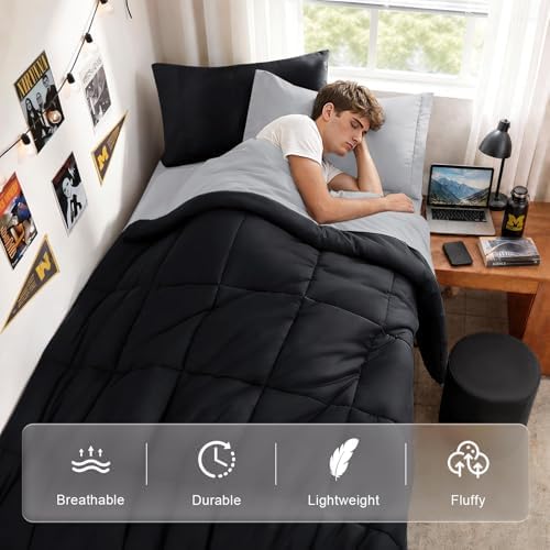 JOLLYVOGUE Twin Comforter Set, Ultra-Soft Bed in a Bag Twin Size 5 Pieces, Oeko-TEX Certified Bedding Set with Down Alternative Comforter, Sheets, Pillowcases & Shams, Black & Light Grey