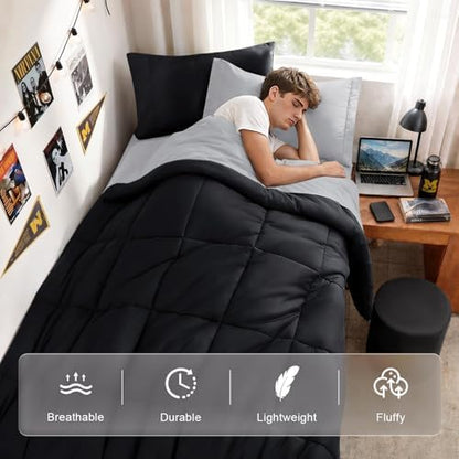 JOLLYVOGUE Twin Comforter Set, Ultra-Soft Bed in a Bag Twin Size 5 Pieces, Oeko-TEX Certified Bedding Set with Down Alternative Comforter, Sheets, Pillowcases & Shams, Black & Light Grey