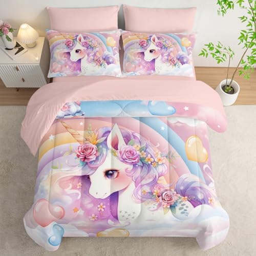 Nttopship Kawaii Rainbow Unicorn Comforter Set Queen for Girls Kids,Cute Cartoon Unicorn 7 Pieces Bedding Sets for Girls Room Decor,Kawaii Down Alternative Comforter Set for All Season