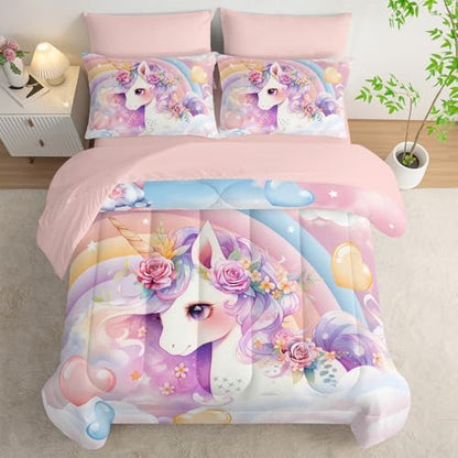 Nttopship Kawaii Rainbow Unicorn Comforter Set Queen for Girls Kids,Cute Cartoon Unicorn 7 Pieces Bedding Sets for Girls Room Decor,Kawaii Down Alternative Comforter Set for All Season