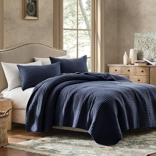 WDCOZY 100% Cotton King Size Quilt Set, Channel Pick Stitch, Navy Blue