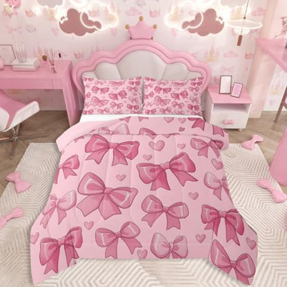 jejeloiu Pink Bow Comforter Set All Season Bowknot Bedding Set with 2 Pillow Cases Bow-tie Microfiber Kids King Bedclothes Colourful Bowknot Bedroom Decor Duvet Quilt Breathable Soft Lightweight