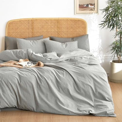 Wake In Cloud Striped Cotton Duvet Cover Set, Grey, Twin/Twin XL