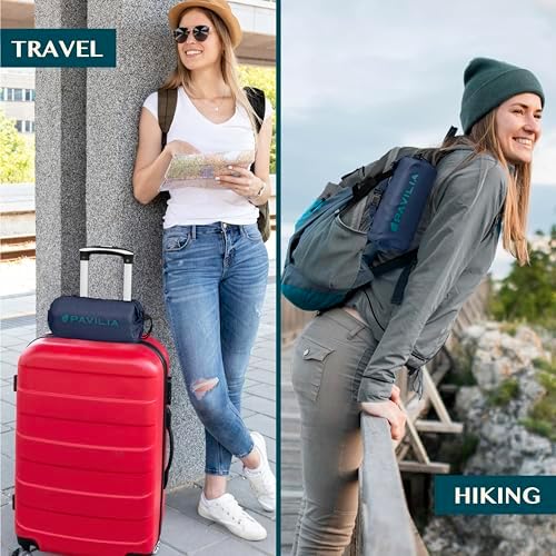 PAVILIA Travel Blanket Airplane Compact with Bag Lightweight, Navy Blue