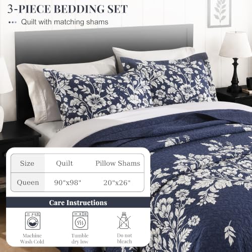 100% Cotton Reversible Floral Quilt Set, Navy, Queen Size, 90x98