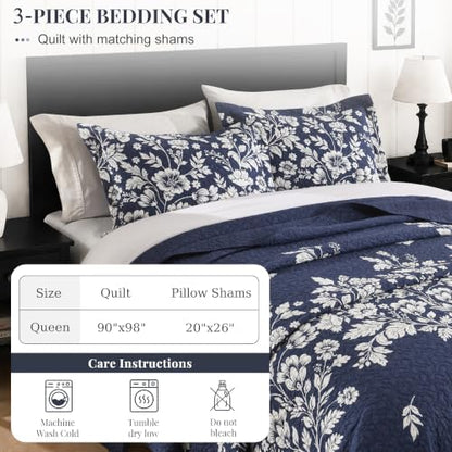 100% Cotton Reversible Floral Quilt Set, Navy, Queen Size, 90x98