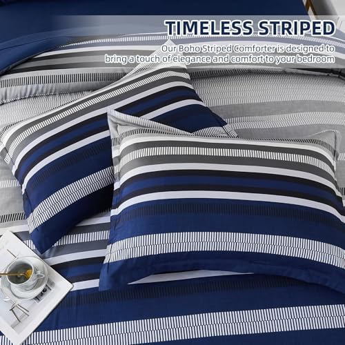 Dobuyly Navy Blue Comforter Set Twin Size Bed in a Bag 5 Piece, Classic Striped Bed Bedding Set with Sheets Soft Microfiber All Season for Teen Boys