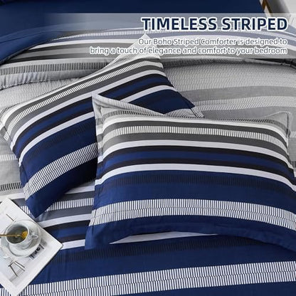 Dobuyly Navy Blue Comforter Set Twin Size Bed in a Bag 5 Piece, Classic Striped Bed Bedding Set with Sheets Soft Microfiber All Season for Teen Boys