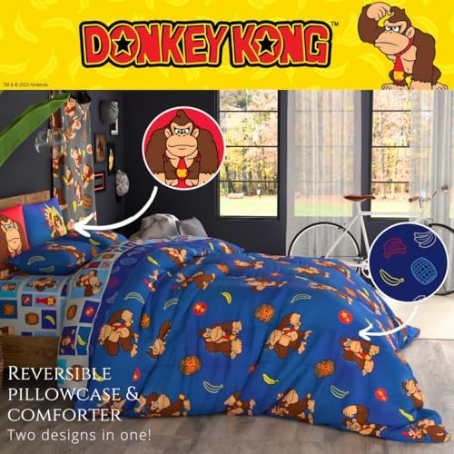 Franco Nintendo Donkey Kong Gaming Bedding 7 Piece Super Soft Reversible Comforter and Sheet Set with Sham, Queen, (Officially Licensed Product)