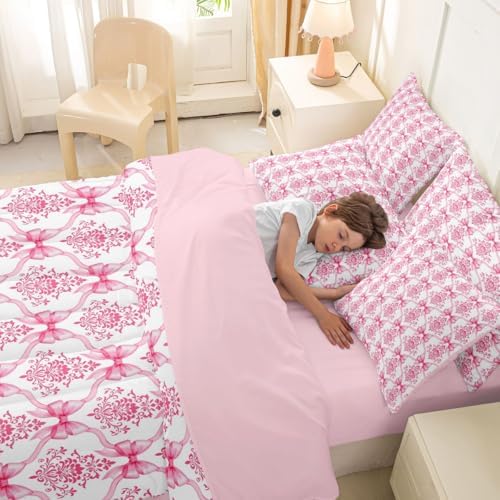 Erosebridal Pink Bow Decor Victorian Full Size Bed Sheets and Comforter Set | Antique Damask 7-Piece Bedding Set Gothic Baroque Floral Bow Bed in a Bag, Bohemian Bowknot Bed Sets