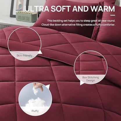Love's cabin Twin XL Comforter Set Burgundy, 5 Pieces Twin XL Bed in a Bag, All Season Bedding Sets with 1 Comforter, 1 Flat Sheet, 1 Fitted Sheet, 1 Pillowcase and 1 Pillow Sham
