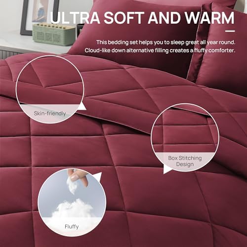 Love's cabin Oversized Queen Comforter Set, 7 Pieces Bed in a Bag, All Season Bedding Sets with 1 Comforter, 1 Flat Sheet, 1 Fitted Sheet, 2 Pillowcase and 2 Pillow Sham, Burgundy