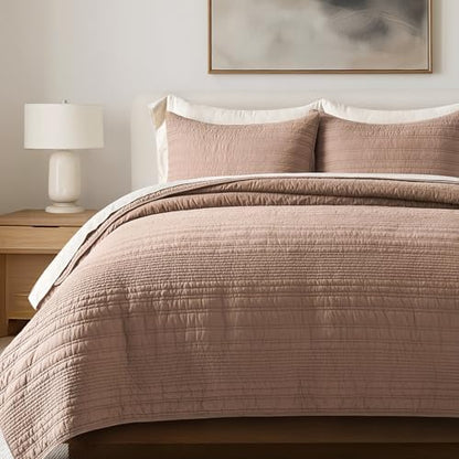 EVERGRACEHOME 100% Cotton Modern Lines Quilt Set Queen Size, Rose Dust