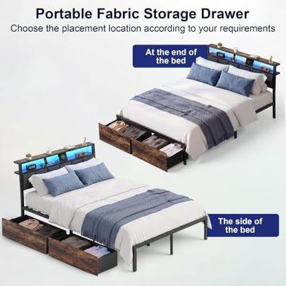 Full Bed Frame with Storage Drawers, Upholstered Headboard with LED Lights and Charging Station, Metal Platform Bed with 2-Tier Storage Shelves, Noise Free, No Box Spring Needed