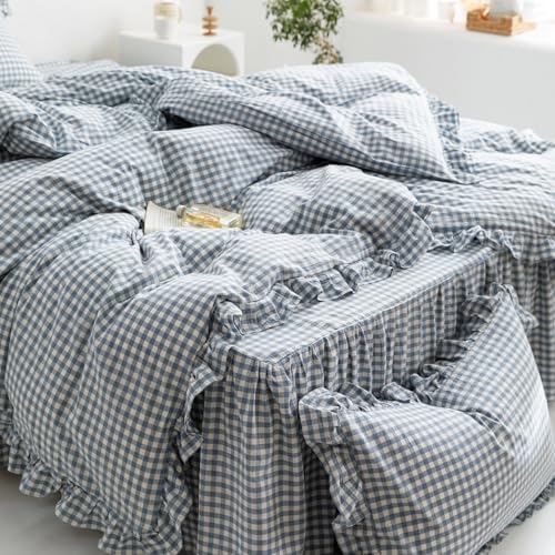 mixinni Blue White Gingham Ruffle Duvet Cover Twin Size 3 Pieces – 100% Washed Cotton, Vintage Plaid Ruffled Bedding Set with Zipper Ties, Soft Checkered Grid Farmhouse Chic Comforter Cover Set