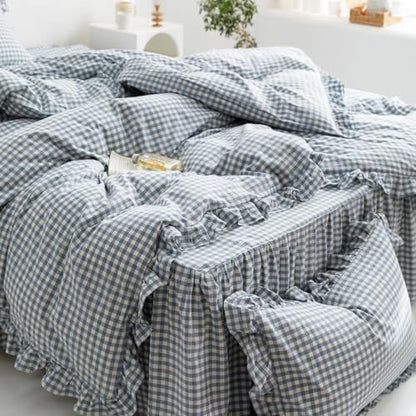 mixinni Blue White Gingham Ruffle Duvet Cover Twin XL Size 3 Pieces – 100% Washed Cotton, Vintage Plaid Ruffled Bedding Set with Zipper Ties, Soft Checkered Grid Farmhouse Chic Comforter Cover Set