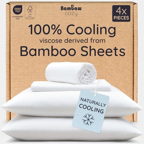 Bambaw 100% Viscose Derived from Bamboo Sheets California King Size – 4pcs Deep Pocket Cooling Sheets, Fits Up to 16'', Buttery Soft Bed Sheets, Luxury Bed Sheets California King Set (White)