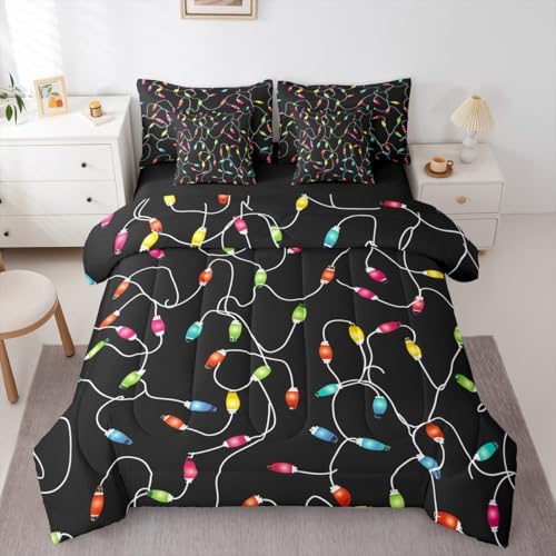 Erosebridal Festival Lamp 7 Piece Bedding Set Twin Cartoon Rope Comforter Set with Sheets Christmas Colorful Fantasy Bed in a Bag Holiday Black Bed Sets Comforter