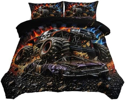 AILONEN Queen Comforter Set 3 Piece, Orange Black Off Road Truck 3D Printed Bedding with 2 Pillowcases, Soft Lightweight Microfiber Lightning Track Decor for Master Suite
