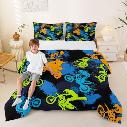 Feelyou Dirt Bike Comforter Set All Season Motocross Bedding Set Toddler