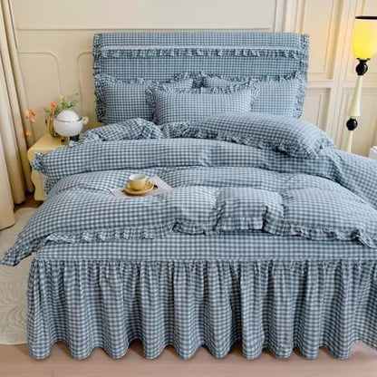 mixinni Vintage Blue Gingham Ruffle Comforter Set 3-Piece Washed Cotton Queen Size Grid Bedding Set with Geometric Checkered Pattern, Farmhouse Chic Soft Fluffy Comforter for All-Season
