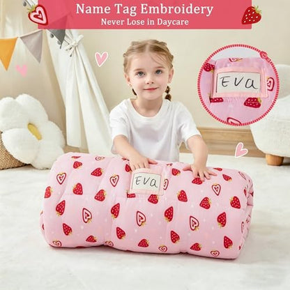 Toddler Nap Mat for Preschool 50''x30'' Sleeping Mat with Removable Pillow and Minky Blanket for Kids Ages 3-7 Roll Up Soft Sleeping Bag for Boys Girls Kindergarten Daycare Sleepover