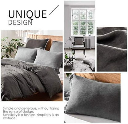 Simple&Opulence 100% Linen Duvet Cover Set 3pcs Basic Style Natural French Washed Flax Solid Color Soft Breathable Farmhouse Bedding with Button Closure - Dark Grey, Queen