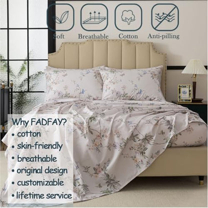 FADFAY California King Sheet Set Percale Cotton, Soft Deep Pocket Fitted Sheet, Country Style Floral & Butterfly Pattern Bedding for All Seasons, Crisp & Breathable for Hot Sleepers,4Pcs