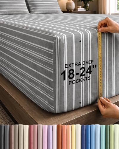 CGK Linens Extra Deep Full Fitted Sheet - Fitted Sheet Only - Grey Stripes