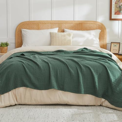 EMME Muslin Blankets for Adults Throw Blanket for Couch Breathable Gauze Soft Lightweight Airy Forest Green Twin 60" x 80"