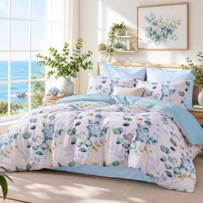 MUXHOMO Full Comforter Set, Blue Elegant Floral Print Bed in a Bag 7 Pieces, Ultra Soft & Breathable Reversible Botanical Pattern Bedding Set with Comforter, Sheets, Pillowcases, and Shams