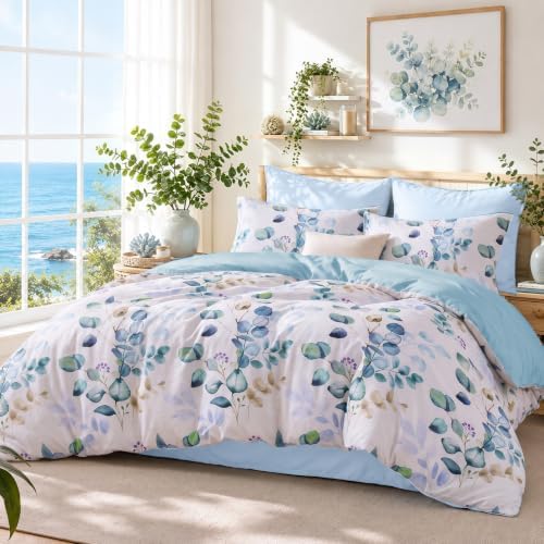 MUXHOMO Oversized Queen Comforter Set, Blue Elegant Floral Print Bed in a Bag 7 Pieces, Ultra Soft & Breathable Reversible Botanical Pattern Bedding Set with Comforter, Sheets, Pillowcases, and Shams