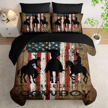 AILONEN Western Cowboy Comforter Set Full Size,7-Piece Rodeo Cowboy Riding Bull Bed in a Bag,United States Retro Country Style Comforter & Fitted Sheet & Flat Sheet & 2 Pillowcases,Soft Microfiber