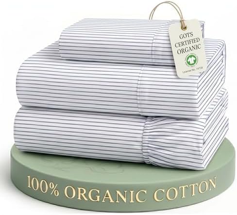 LANE LINEN Twin XL Sheets 100% Organic Cotton Percale Soft - Ticking Stripe