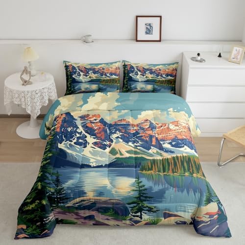 Lake House Comforter Set Full Size,Camping Adventure Theme Duvet Insert 3Pcs,Mountain Lake Woodland Nature Bedding Set for Kids Teens Adults Room Decor,Fishing and Hunting Quilt Set,2 Pillowcases