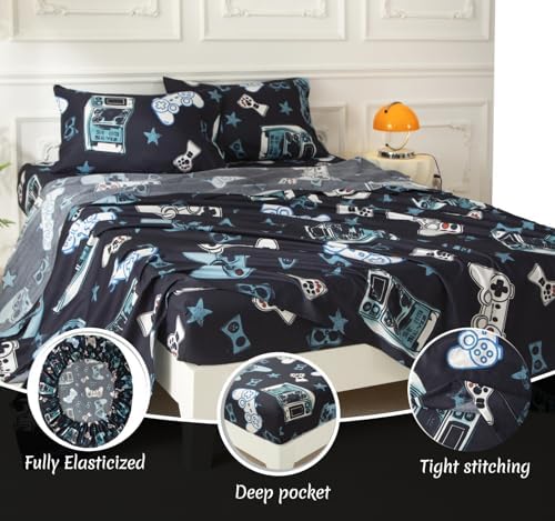 SDY 7PCS Full Gaming Console Comforter & Sheet Set，Soft Cute Gamer Microfiber Bedding for Kids, Boys & Toddlers Room Decor, Includes 1 Comforter, 1 Flat&Fitted Sheet, 2 Pillowcases & 2 Pillow Shams