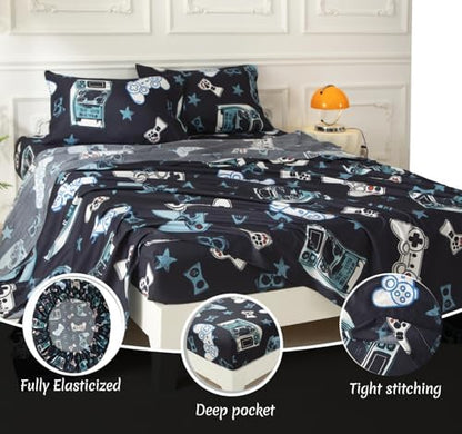 SDY 7PCS Full Gaming Console Comforter & Sheet Set，Soft Cute Gamer Microfiber Bedding for Kids, Boys & Toddlers Room Decor, Includes 1 Comforter, 1 Flat&Fitted Sheet, 2 Pillowcases & 2 Pillow Shams